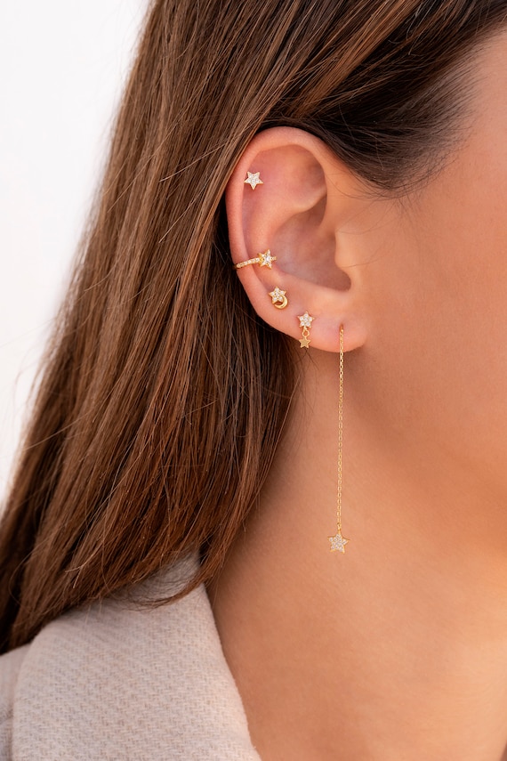 Dainty & Tiny Pave CZ Star and Moon Stud Earrings