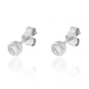 May include: A pair of silver stud earrings with clear round stones.