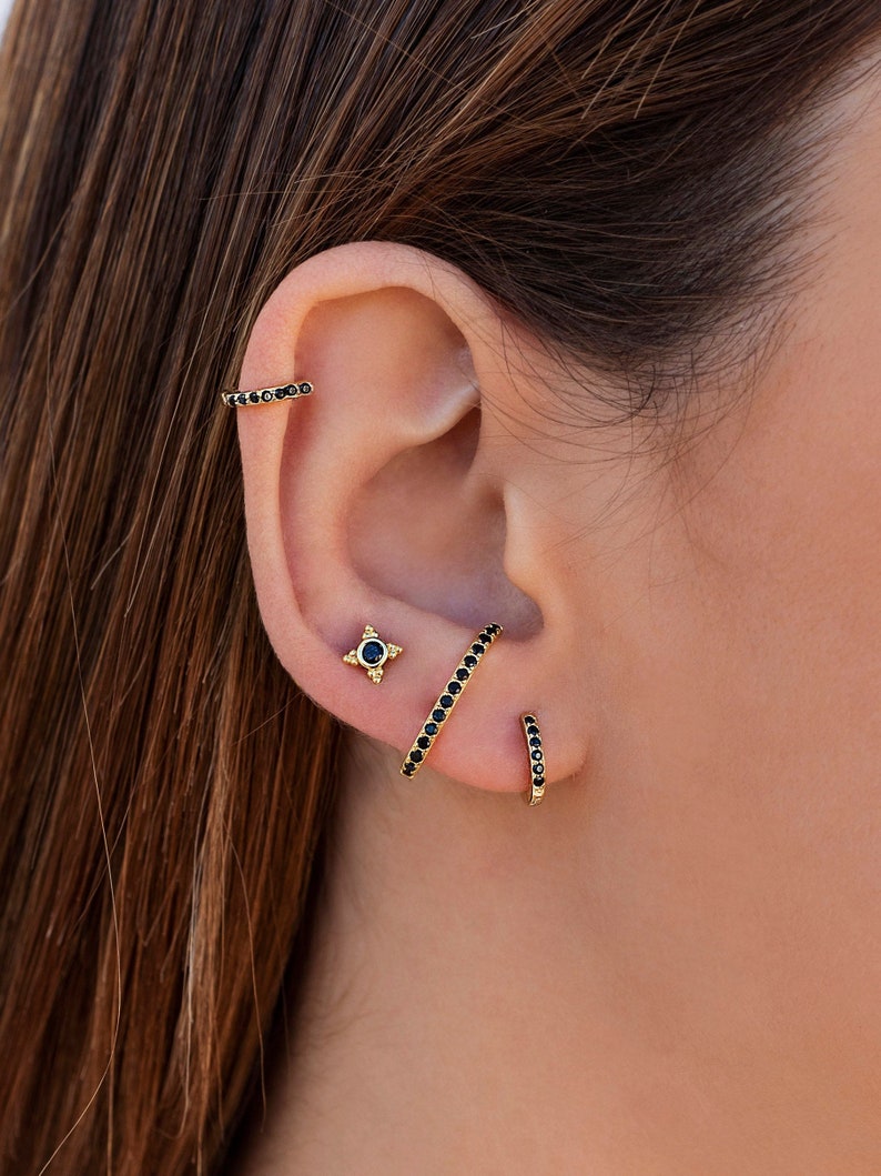 Minimalist Black Cz Ear Lobe Cuff Stud Earrings Etsy