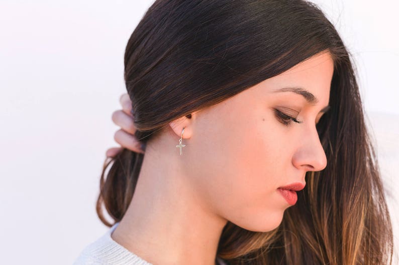 Silver hoop earrings Cross earrings Hoop with cross Charm hoop earrings Tiny hoop earrings Cross huggie hoops Cross hoop earrings