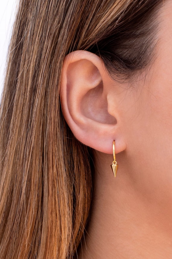 Mens Women Steel Balls Huggie Hinged Hoop Earrings With Dangling Long Chain Cone And Hollow Triangle