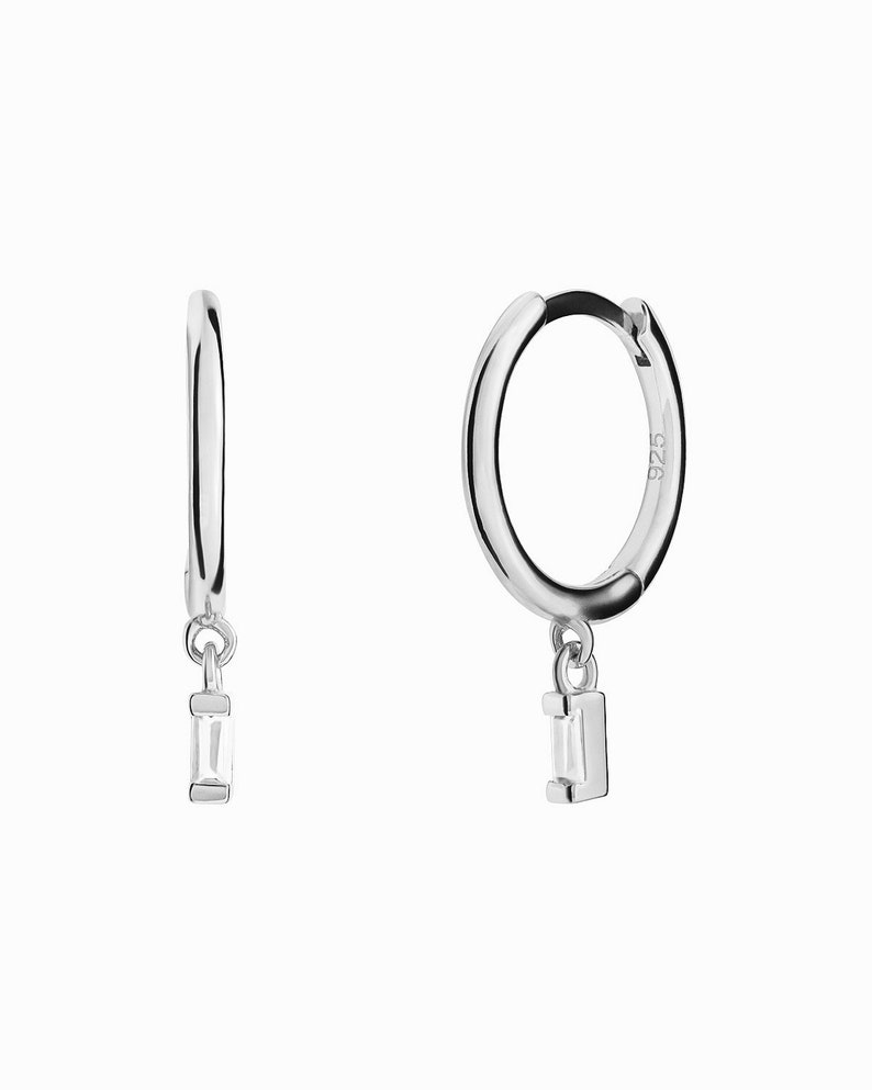 Sterling Silver Clear Cz Baguette 12mm Huggie Hoop Earrings