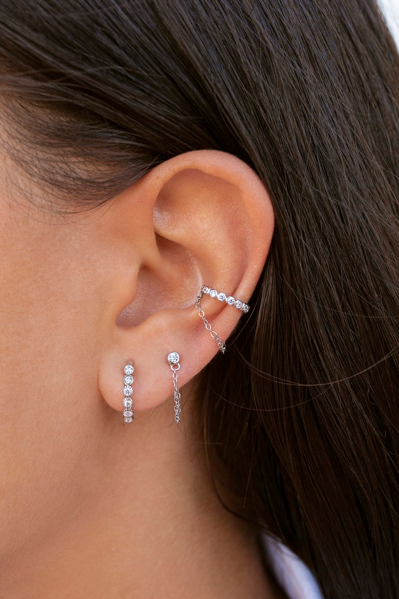 Dainty Bezel CZ Dangling Chain Conch Ear Cuff Earrings Fake Piercing image 3