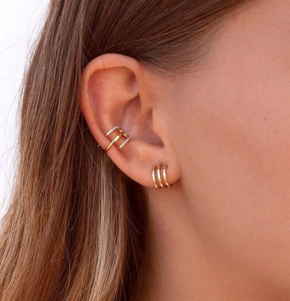 Dainty Triple Band Huggie Hoop Earrings 