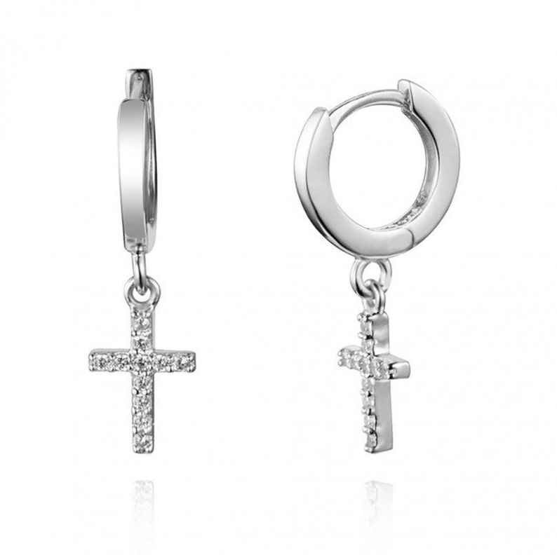 Dainty Cross-shaped Pave Cubic Zirconia Pendant Huggie Hoop Earrings