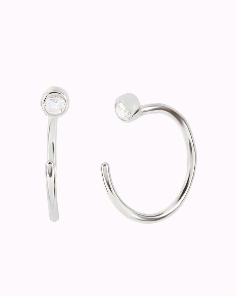 Tiny CZ Open Huggie Hoop Earrings Ear hugger, Available in Black and White Silver - White