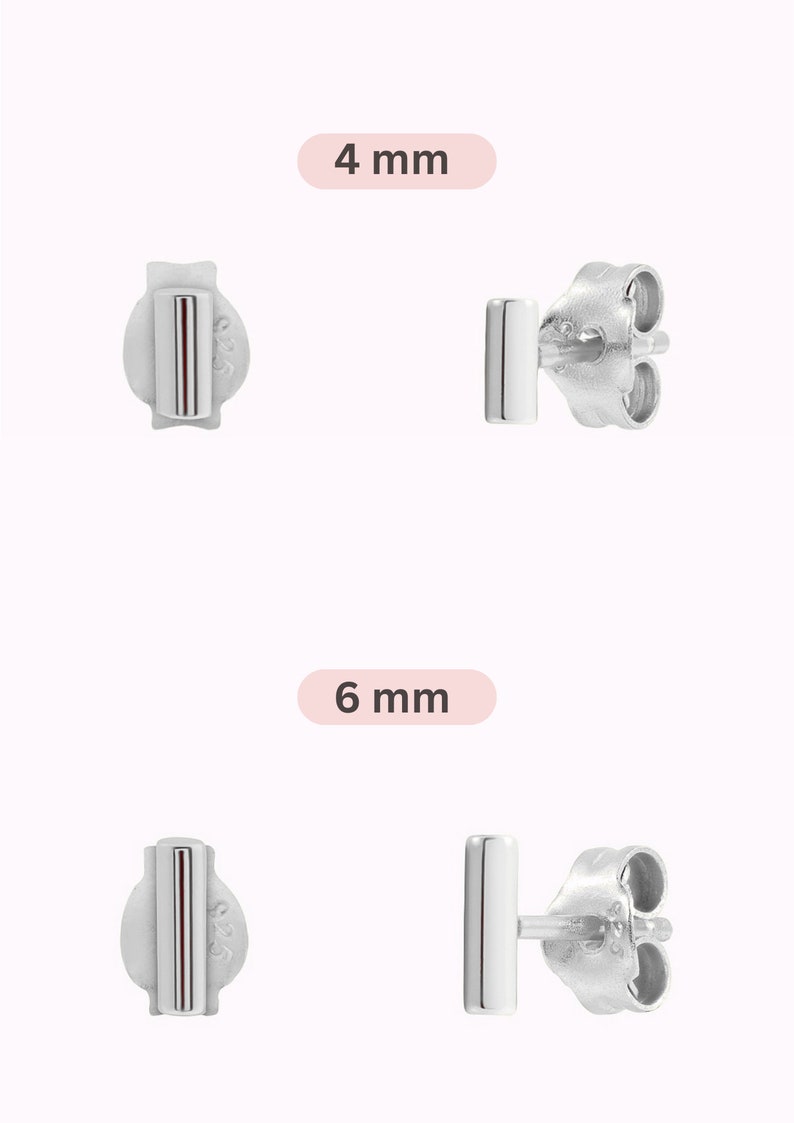 May include: Two pairs of silver bar stud earrings. The earrings are shown in two sizes: 4 mm and 6 mm. The earrings are simple and elegant.