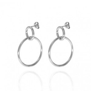 Minimalist & Large Two Circles Double Stud Hoop Earrings Silver