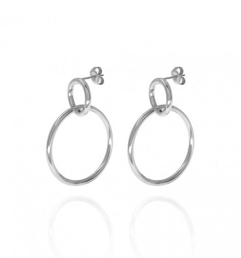 Minimalist & Large Two Circles Double Stud Hoop Earrings Silver