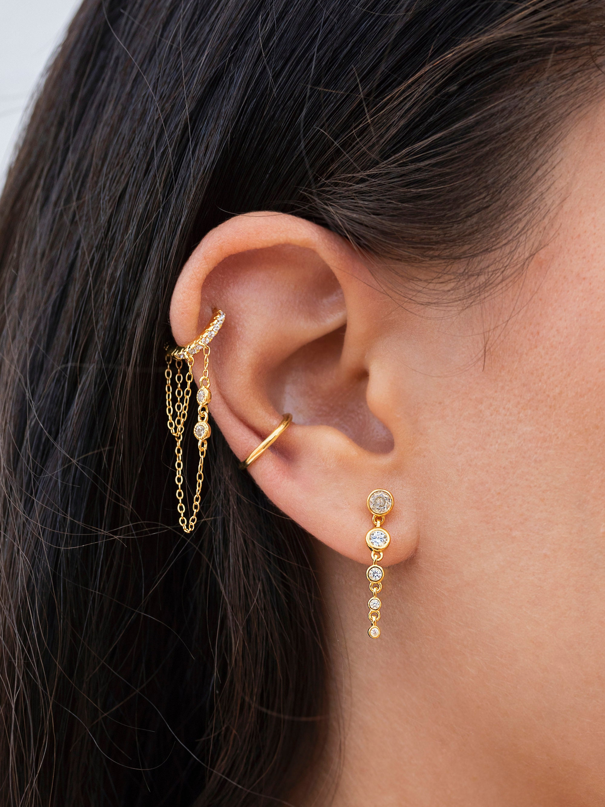 Dainty Pave CZ Helix Huggie Hoop Earrings With 2 Dangling Chains With Bezel CZ