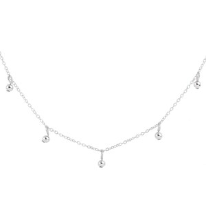 May include: A silver necklace with five small, round charms hanging from it.