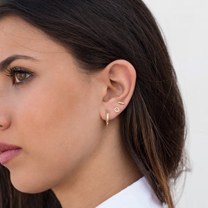 May include: A woman wearing gold hoop earrings, a small gold sun earring, and a gold bar earring.
