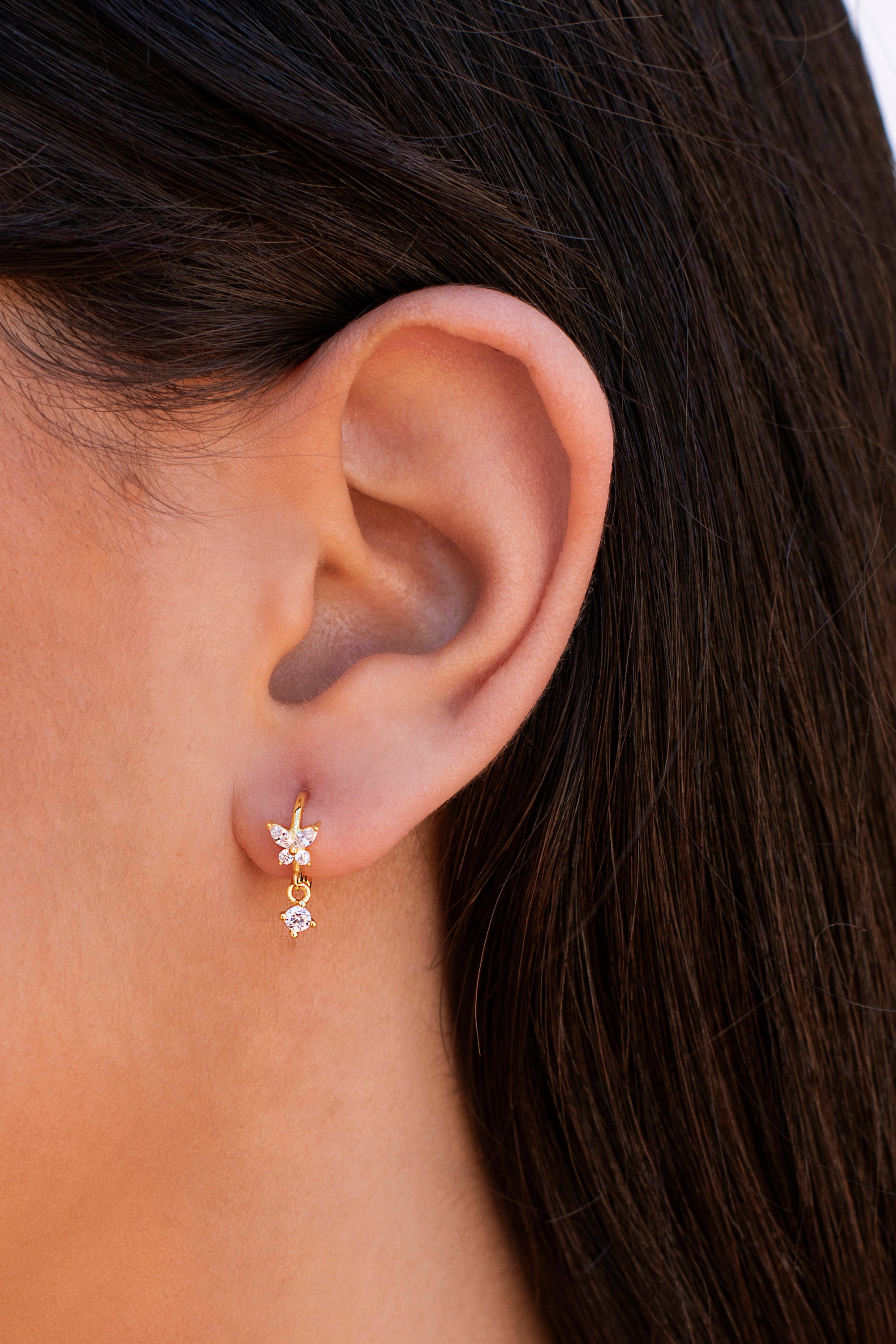 Dainty CZ Butterfly Shaped Huggie Hoop Earrings With Dangling Charm