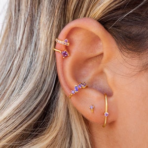 Boucles d'oreilles manchette lobe d'oreille clous avec zircon rond à 3 griffes 4 coloris disponibles : Blanc, Noir, Turquoise et Violet image 9