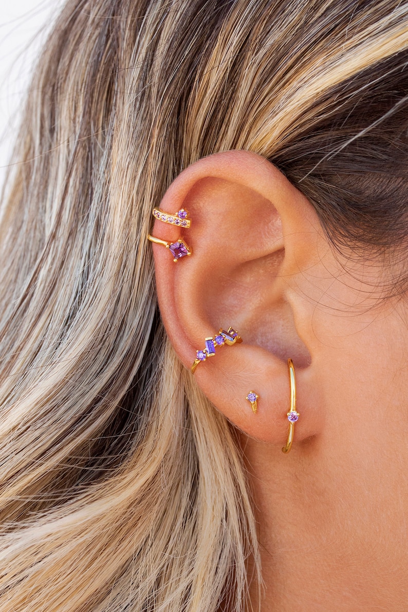 Boucles d'oreilles manchette lobe d'oreille clous avec zircon rond à 3 griffes 4 coloris disponibles : Blanc, Noir, Turquoise et Violet image 9