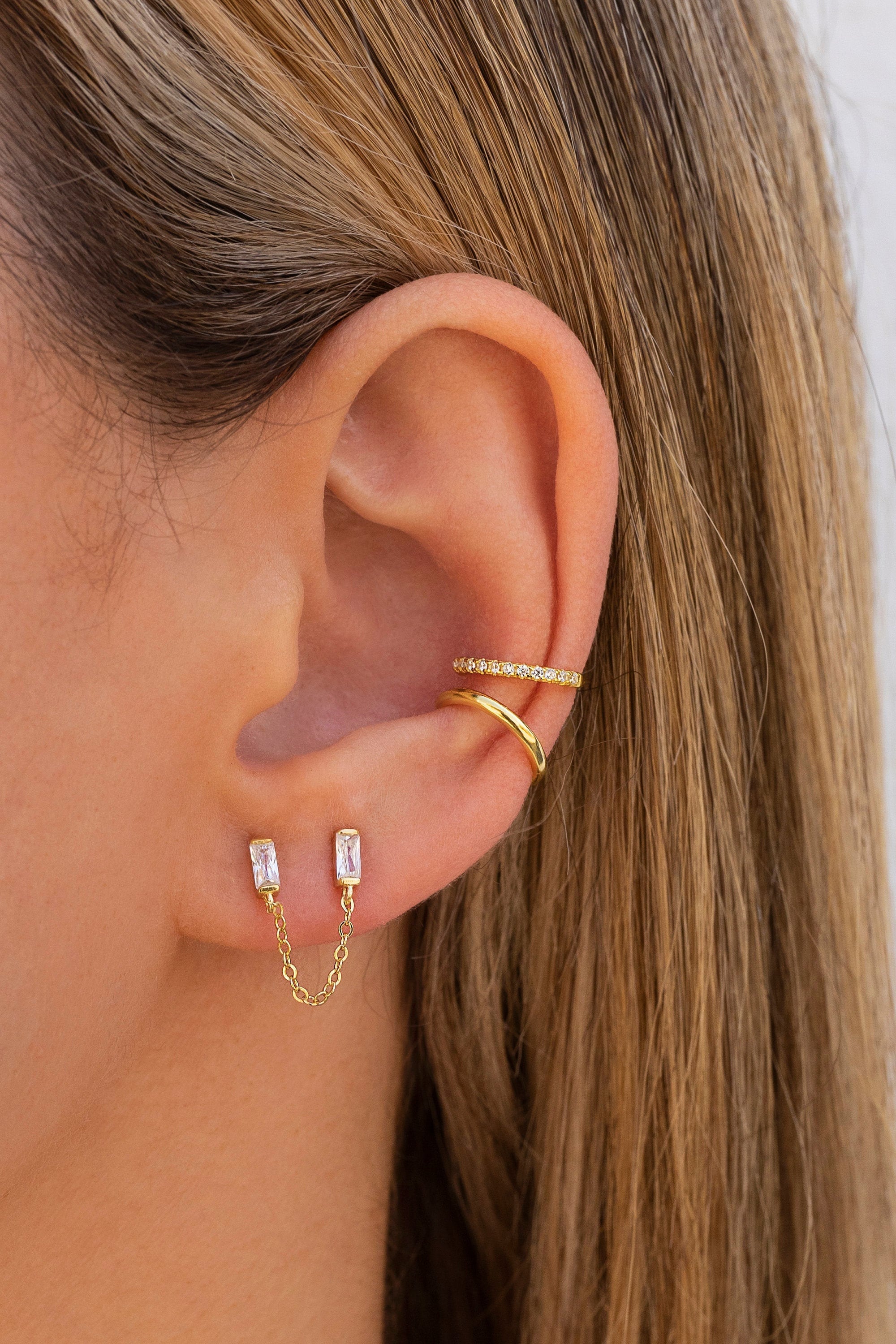 Dainty Baguette CZ Double Stud Earrings With Dangling Chain
