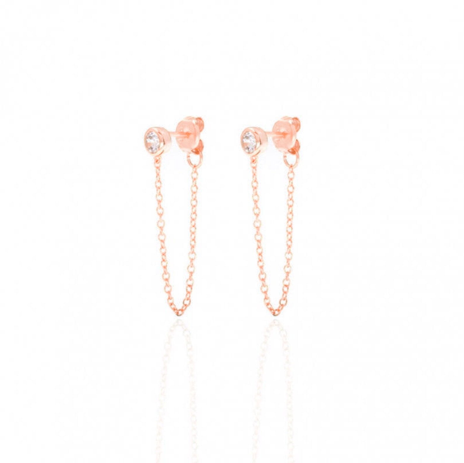 Dainty Bezel CZ Dangling Chain Stud Earrings - Etsy