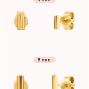 May include: Gold bar stud earrings in two sizes: 4 mm and 6 mm. The earrings are simple and minimalist, perfect for everyday wear.