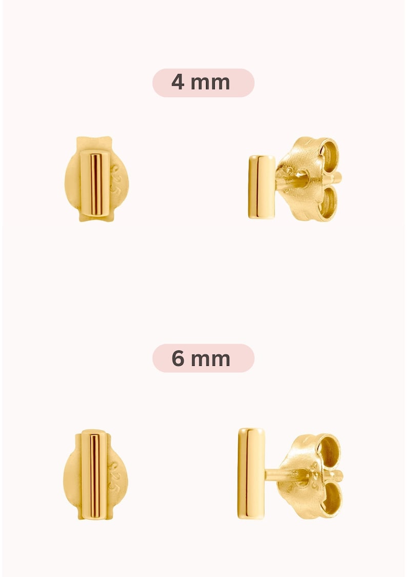 May include: Gold bar stud earrings in two sizes: 4 mm and 6 mm. The earrings are simple and minimalist, perfect for everyday wear.