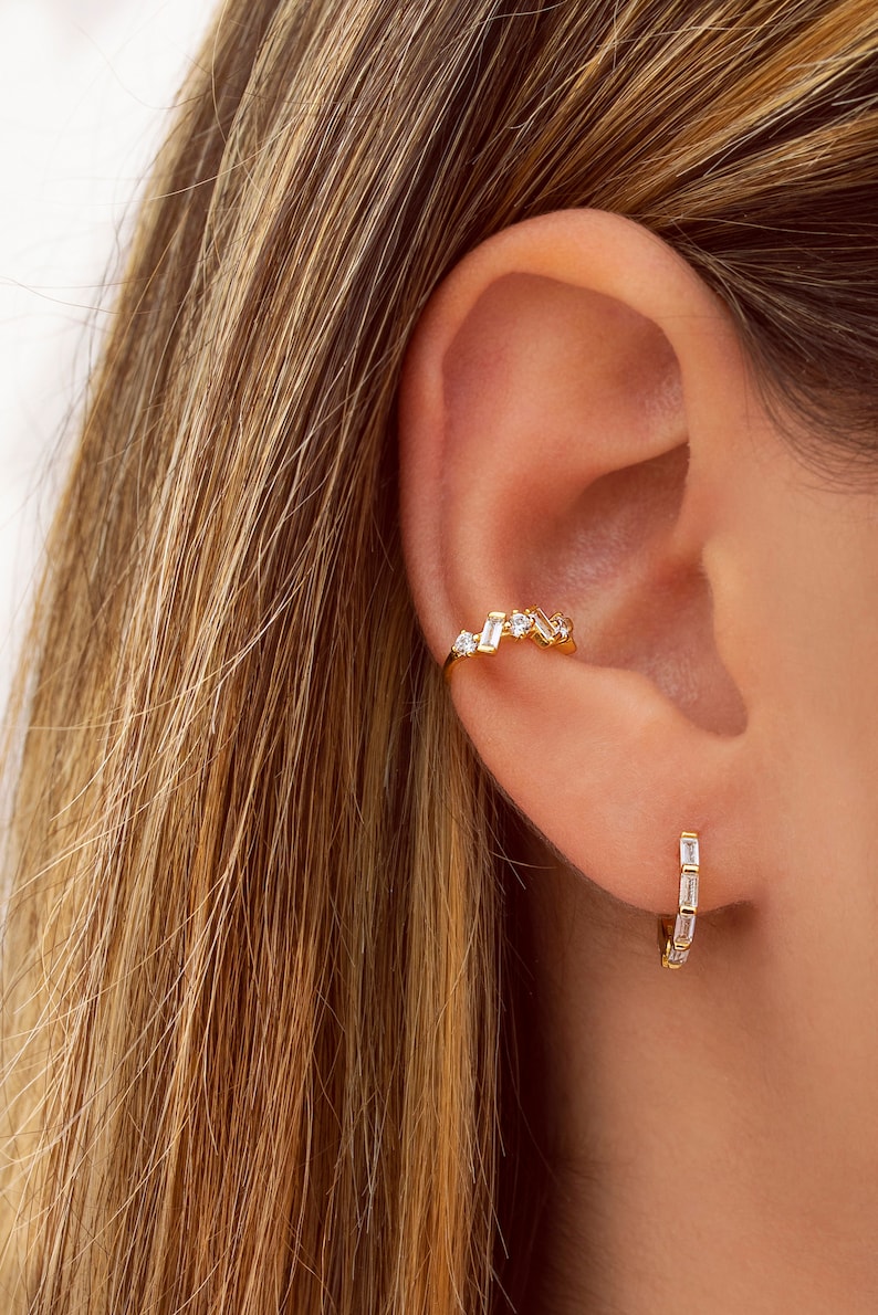 Dainty Baguette & Round CZ Conch Ear Cuff Earrings image 10