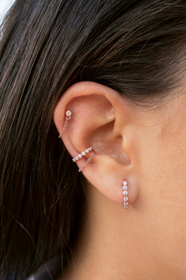 Dainty Bezel CZ Dangling Chain Conch Ear Cuff Earrings Fake Piercing image 5