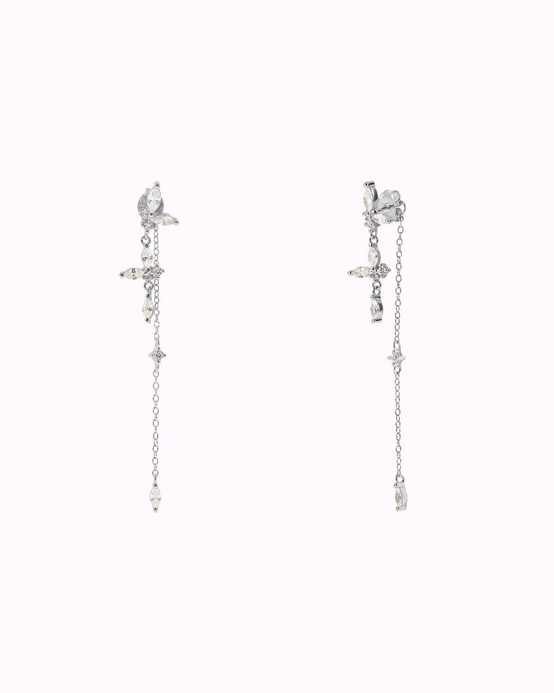 Dainty Marquise & Round CZ Long Chain Ear Jacket Earrings Silver