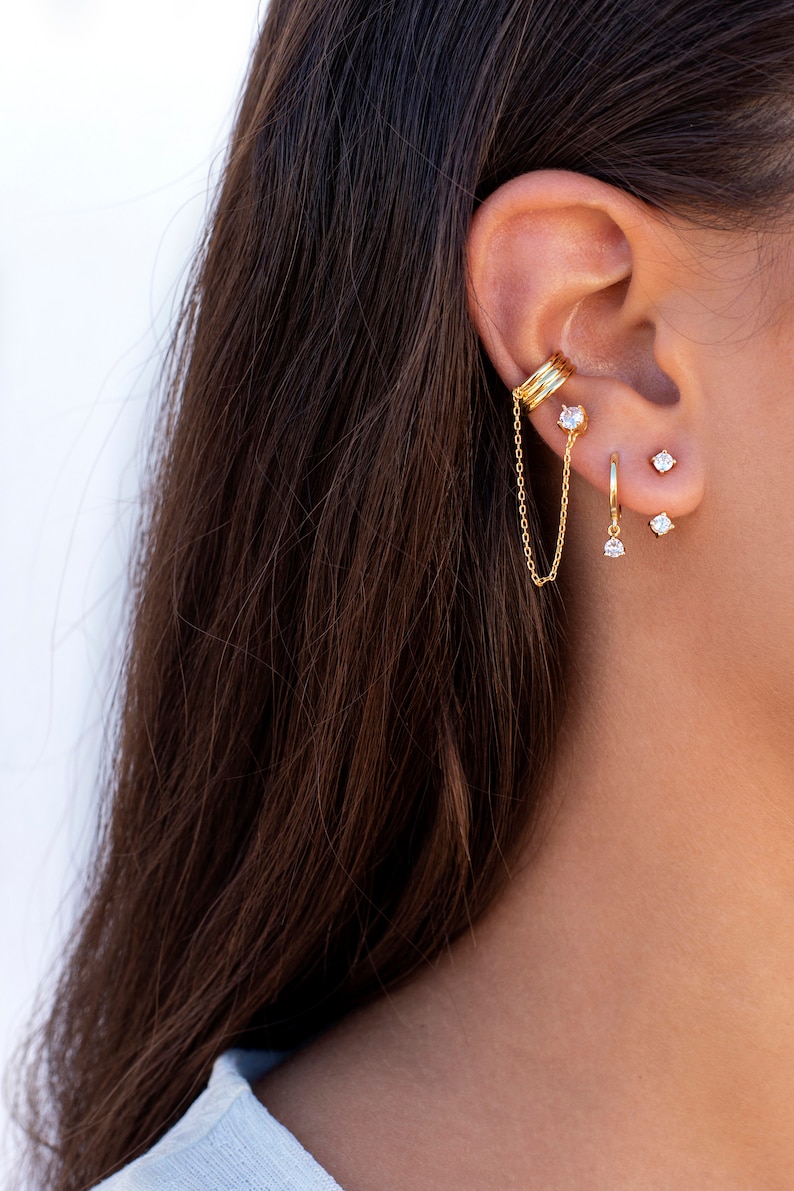 Dainty CZ Stud Earrings With Dangling Chain & Conch Ear Cuff Etsy