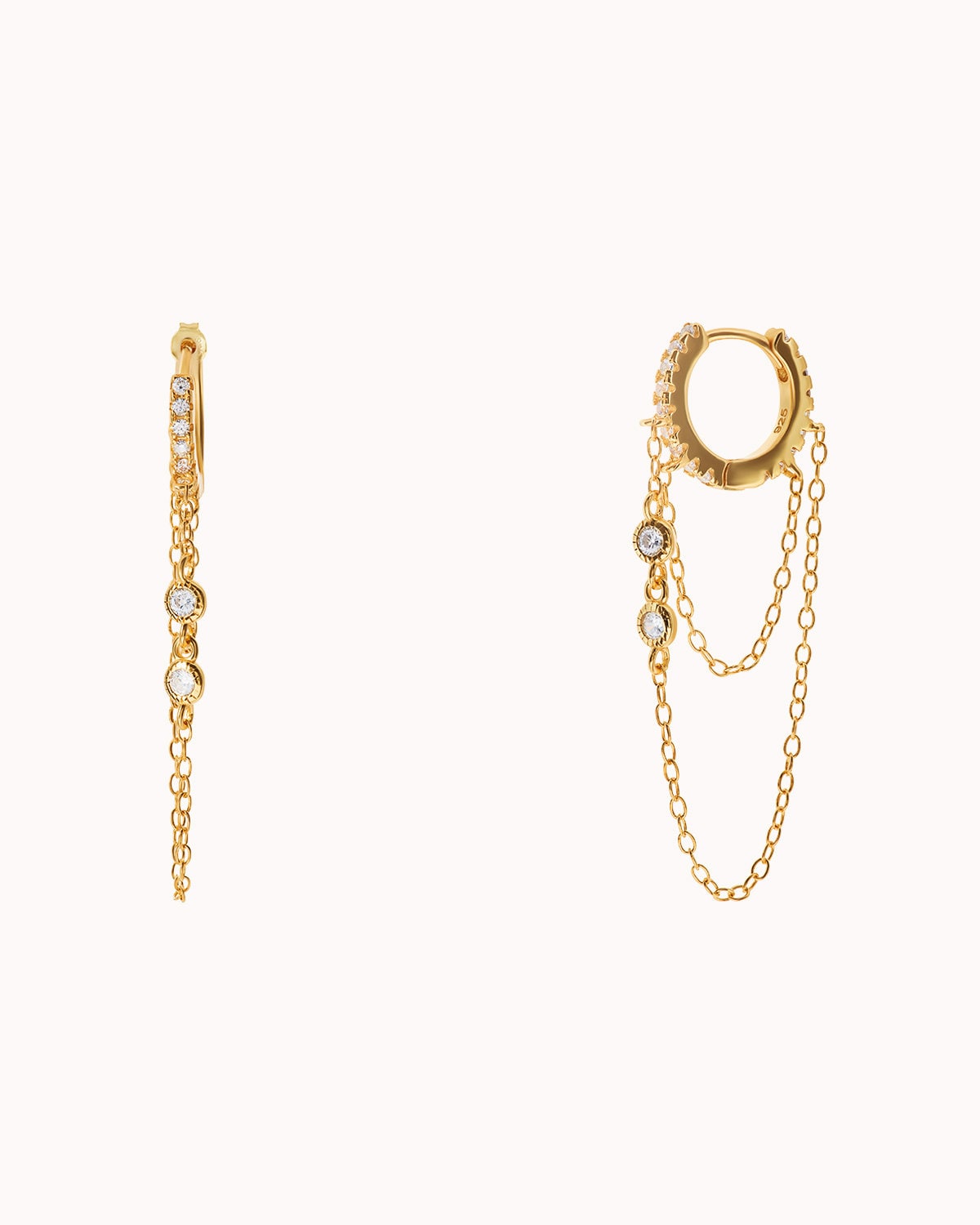 Dainty Pave CZ Helix Huggie Hoop Earrings With 2 Dangling Chains With Bezel CZ