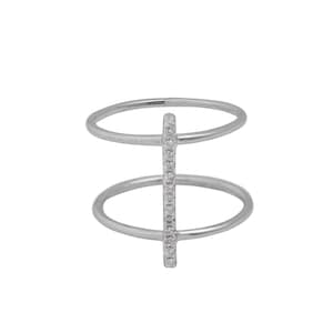 Dainty & Minimalist CZ Bar Double Ring Silver