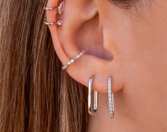 Essentials Orecchini A Cerchio Rettangolari In Argento 925 Con Zirconia Cubica - Versione Dorata O Argento - 2