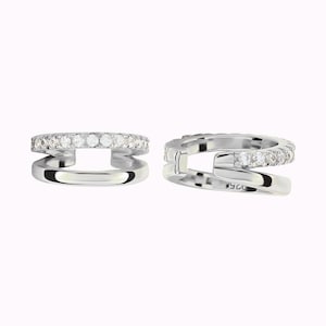 Dainty & Minimalist Pave CZ Double Band Conch Ear Cuff Earrings Silver - White