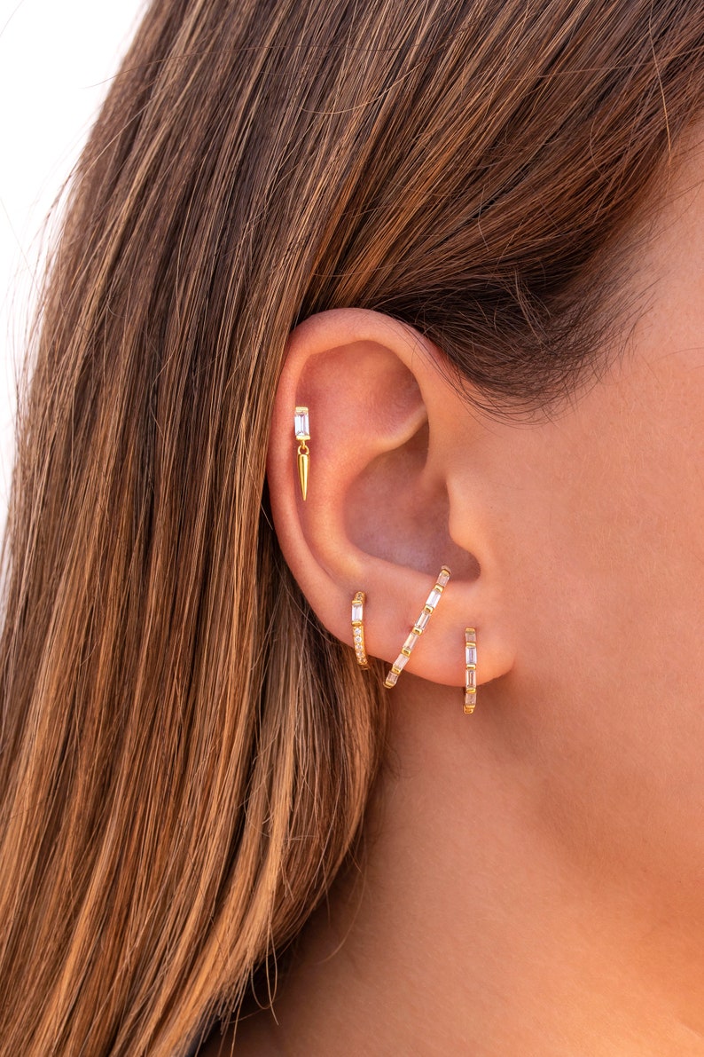 Minimalist Baguette Cz Ear Lobe Cuff Stud Earrings