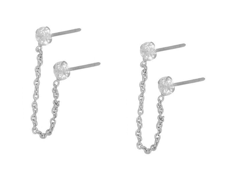 Dainty Chain CZ Double Stud Earrings - Etsy