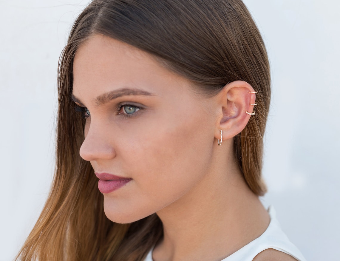 Dainty Pave CZ Hoop Earrings With Push Button Lock | Etsy