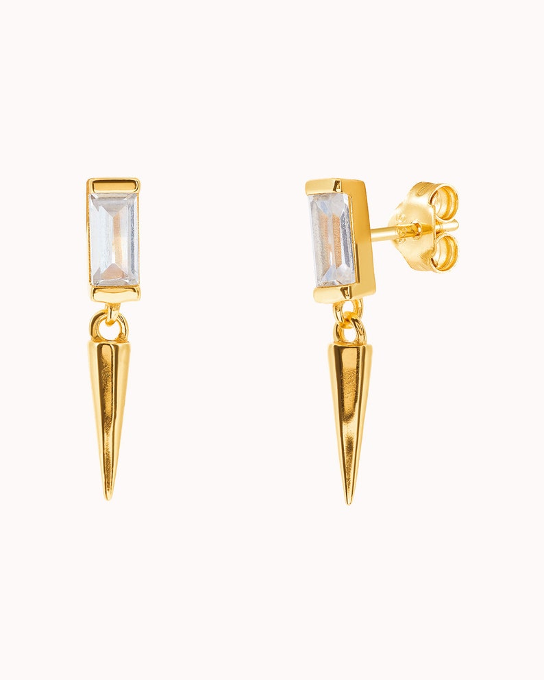 Dainty Baguette CZ Stud Earrings With Dangling Spike Charm Two Sizes Available 画像 2