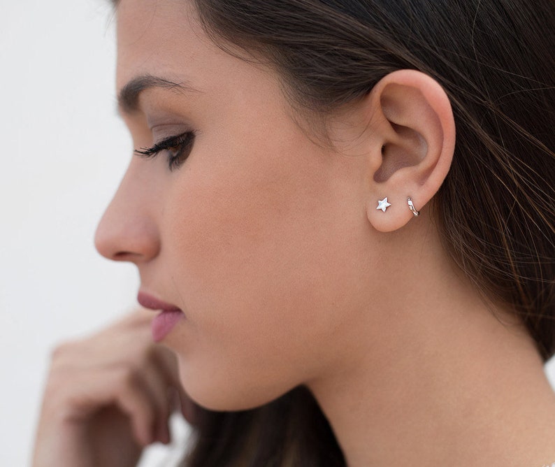 Minimalist & Tiny Second Hole Helix Silver Hoop Earrings Two sizes available: 6 mm and 9 mm image 9