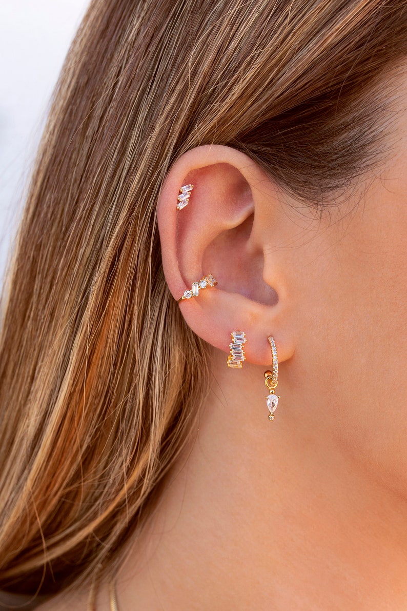 Dainty Baguette & Round CZ Conch Ear Cuff Earrings image 5