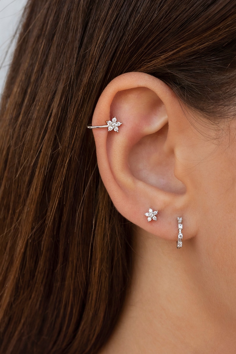 Dainty & Minimalist Pave CZ Flower Shaped Helix Ear Cuff Earrings image 3