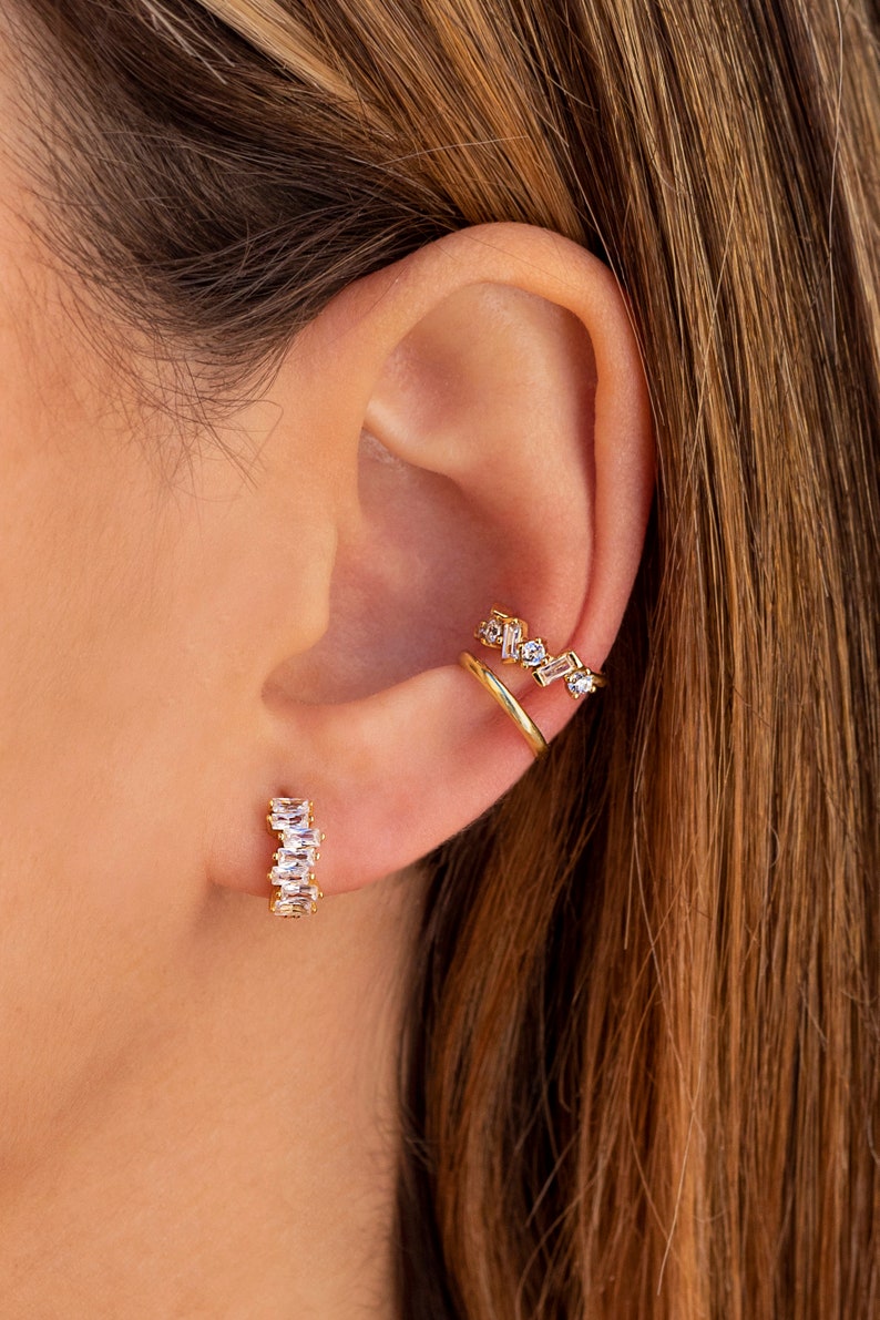 Dainty Baguette & Round CZ Conch Ear Cuff Earrings image 8