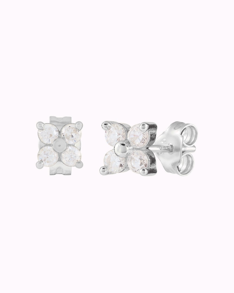 Tiny & Dainty Flower Shaped 4 CZ Stud Earrings image 4