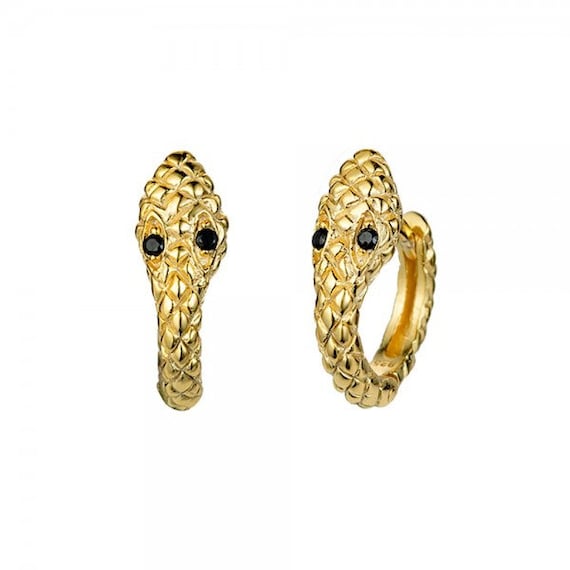 Boucles D'oreilles Créoles Plaqué Or 18 Carats - Motif Serpent Enroulé, Yeux Zircon - Neuf Avec étiquettes