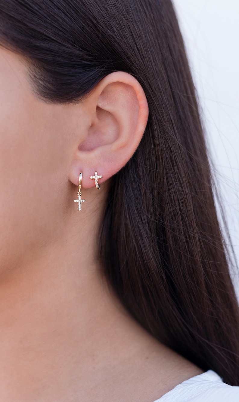 Dainty Cross-shaped Pave Cubic Zirconia Pendant Huggie Hoop Earrings
