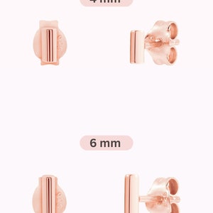 May include: Two pairs of rose gold bar stud earrings. The top pair is 4 mm long and the bottom pair is 6 mm long.