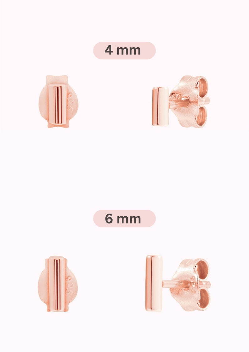 May include: Two pairs of rose gold bar stud earrings. The top pair is 4 mm long and the bottom pair is 6 mm long.