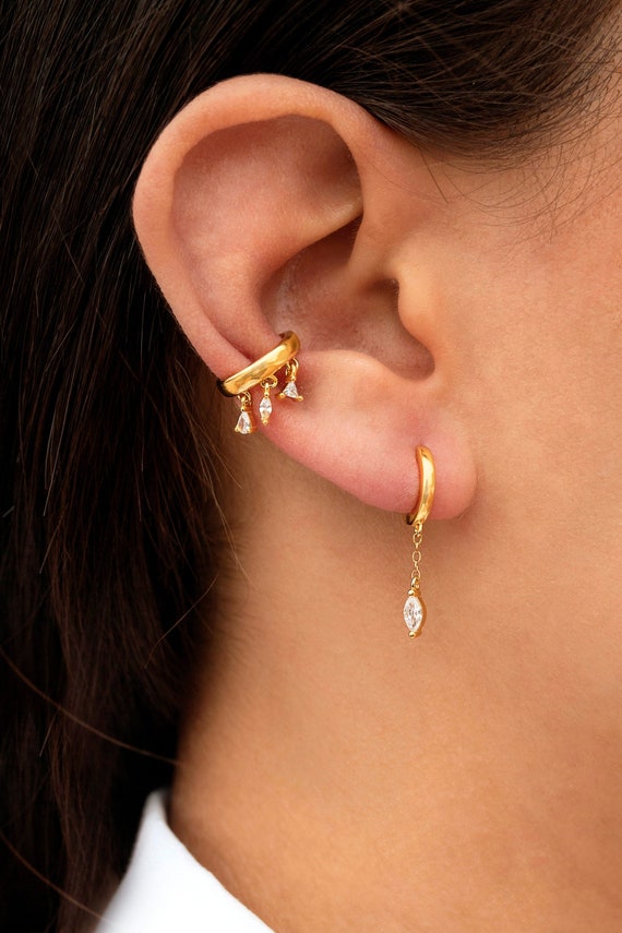 Dainty Dangling Chain Marquise CZ Huggie Hoop Earrings Etsy