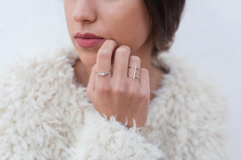 Dainty & Minimalist CZ Bar Double Ring image 5