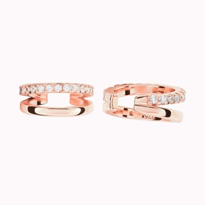 Dainty & Minimalist Pave CZ Double Band Conch Ear Cuff Earrings Rose Gold - White