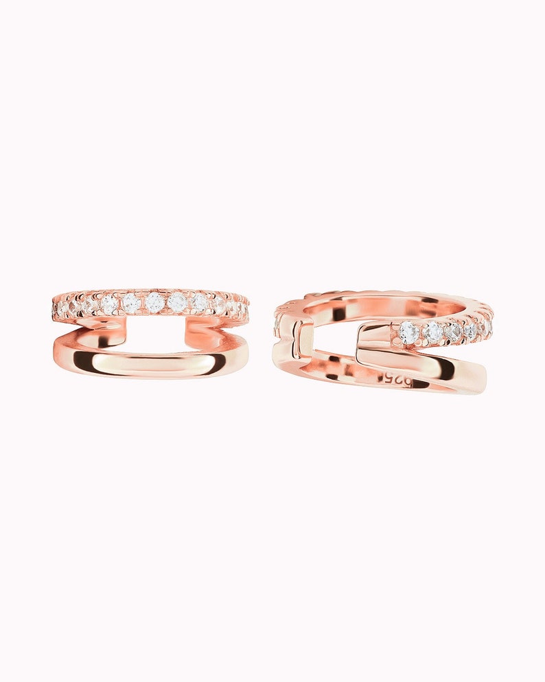 Dainty & Minimalist Pave CZ Double Band Conch Ear Cuff Earrings Rose Gold - White