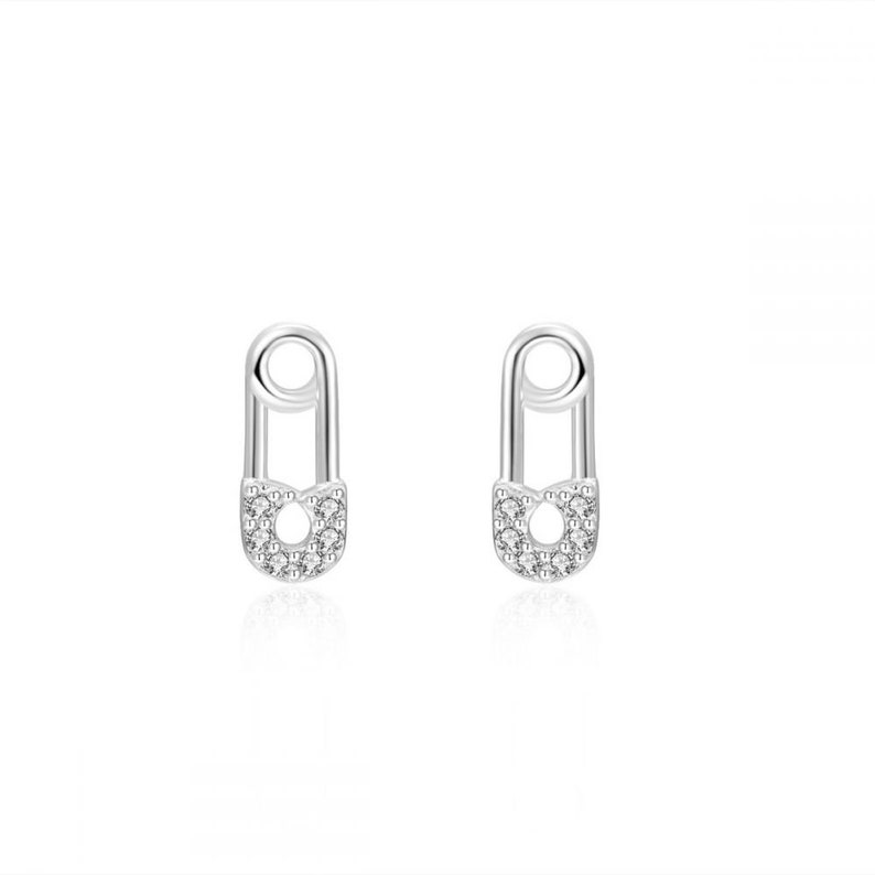 Dainty & Tiny Pave CZ Safety Pin Stud Earrings Silver