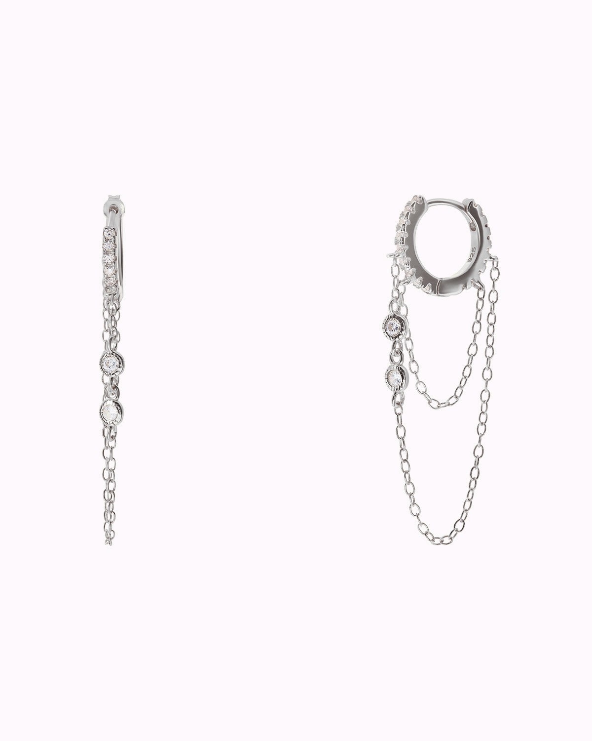 Dainty Pave CZ Helix Huggie Hoop Earrings With 2 Dangling Chains With Bezel CZ